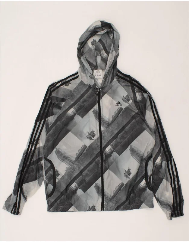 ADIDAS Mens Hooded Rain Jacket UK 38 Medium Grey Patchwork Polyamide