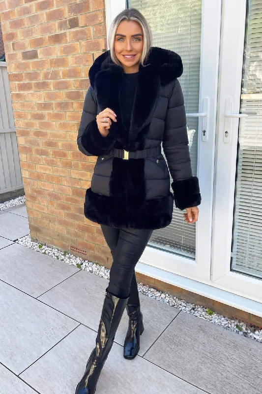 Black Faux Fur Trim Belted Jacket