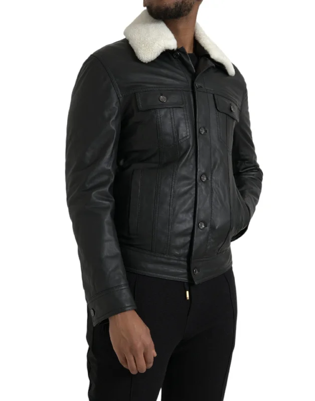 Dolce & Gabbana  Leather Fur Collar Biker Coat Men's Jacket