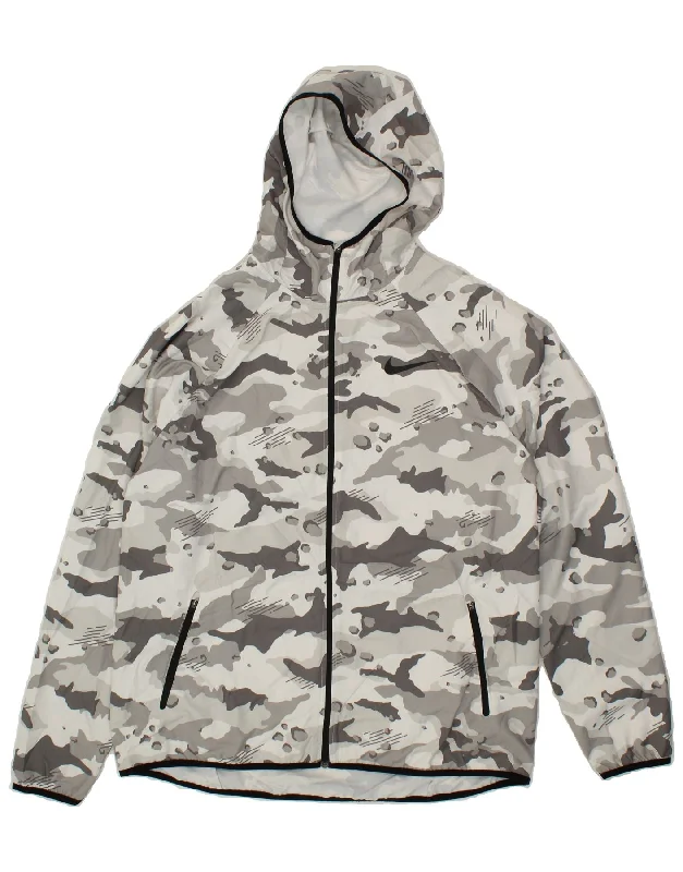 NIKE Mens Hooded Rain Jacket UK 42 XL Grey Camouflage Polyester