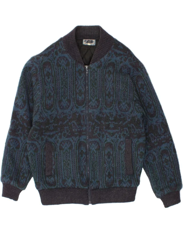 TOM TINO Mens Knit Bomber Jacket IT 52 XL Blue Fair Isle Wool