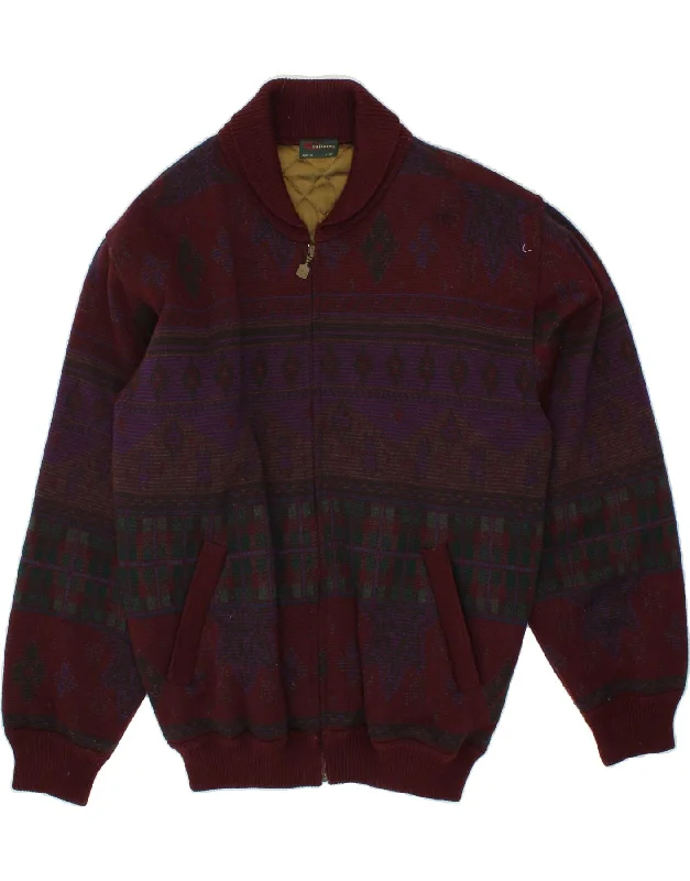 VINTAGE Mens Knit Bomber Jacket IT 54 XL Burgundy Fair Isle Wool