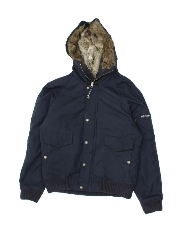 WOOLRICH Mens Hooded Bomber Padded Jacket UK 36 Small Navy Blue Nylon