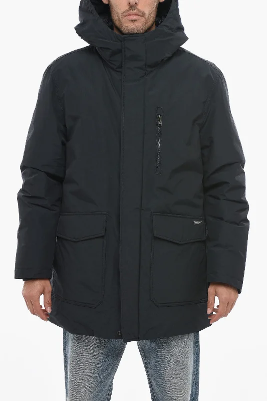 Woolrich Solid Color CLEVELAND Down Jacket with Hood and Hidden Closu