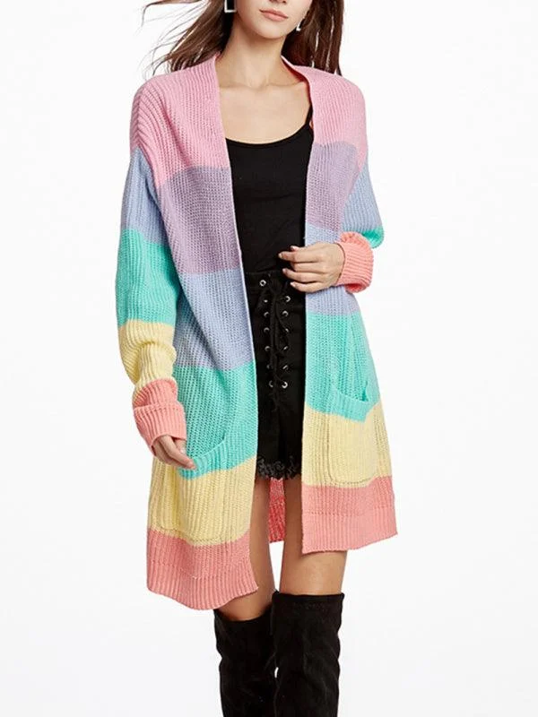 Long Rainbow Color Loose Women Cardigan Sweater