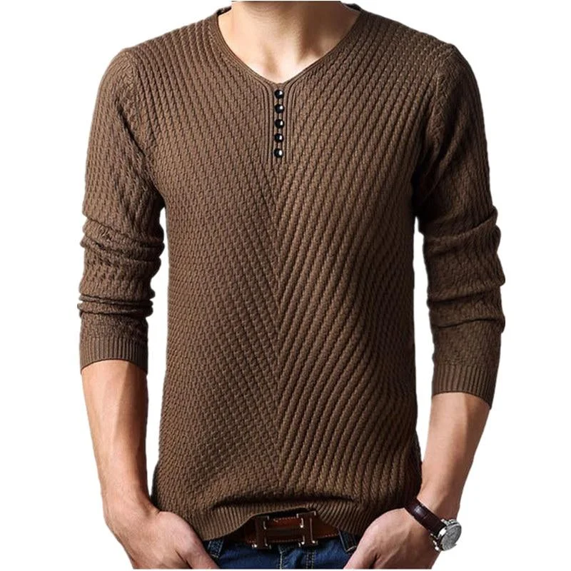 Men's Henley Neck Pullover Cashmere Knitted Christmas Sweater for Winter