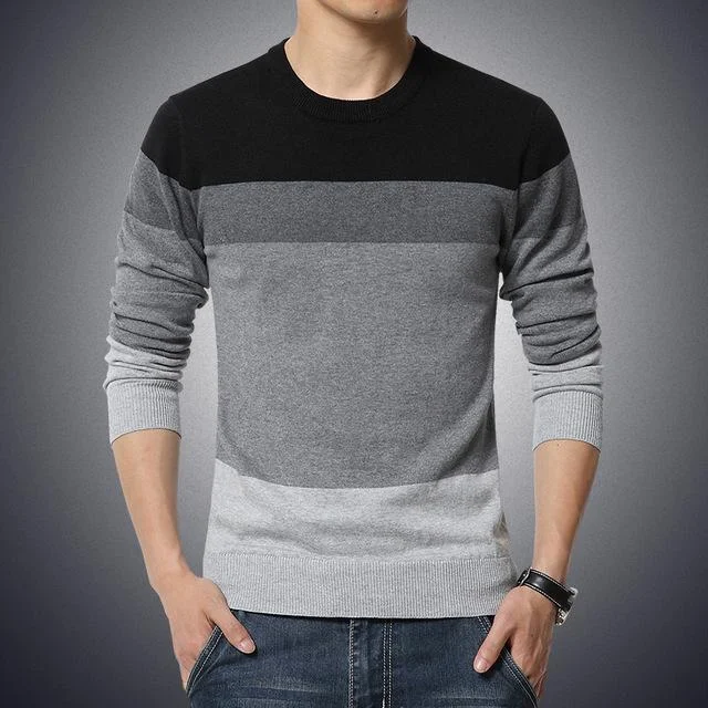 Men's Knitted Autumn Sweater O-Neck Slim Fit Pullover with Stripes