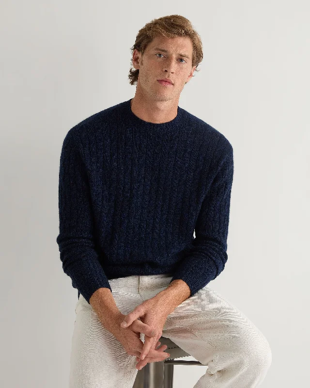 Men's Thames Cable Round Neck Cashmere Sweater Navy Blue Melange