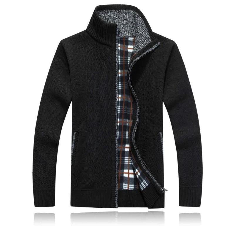 Winter Thick Men's Knitted Long Sleeve Full-Zip Fleece Cardigan Sweater